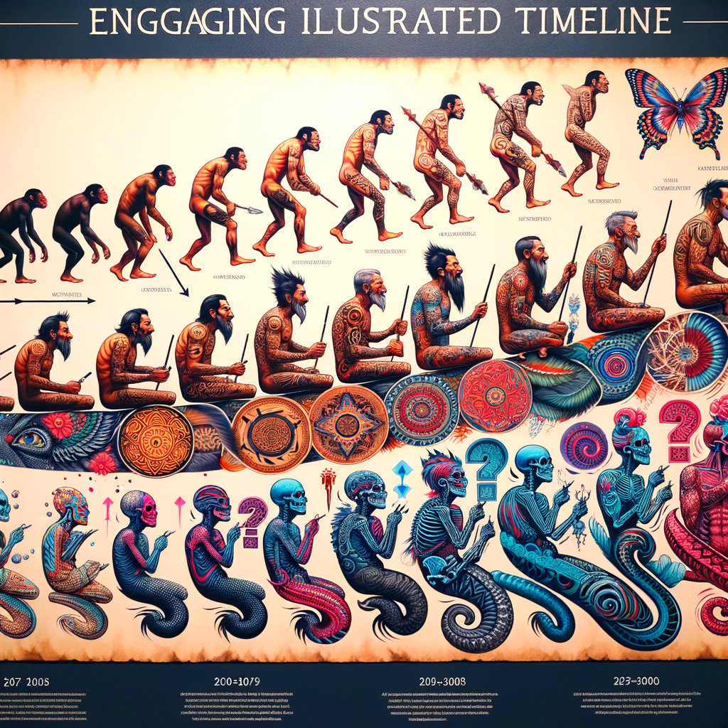 Visual timeline highlighting tattoo evolution history, showcasing transformation of traditional tattoo styles to modern 3D designs, progression of tattoo art, and development of tattoo techniques.