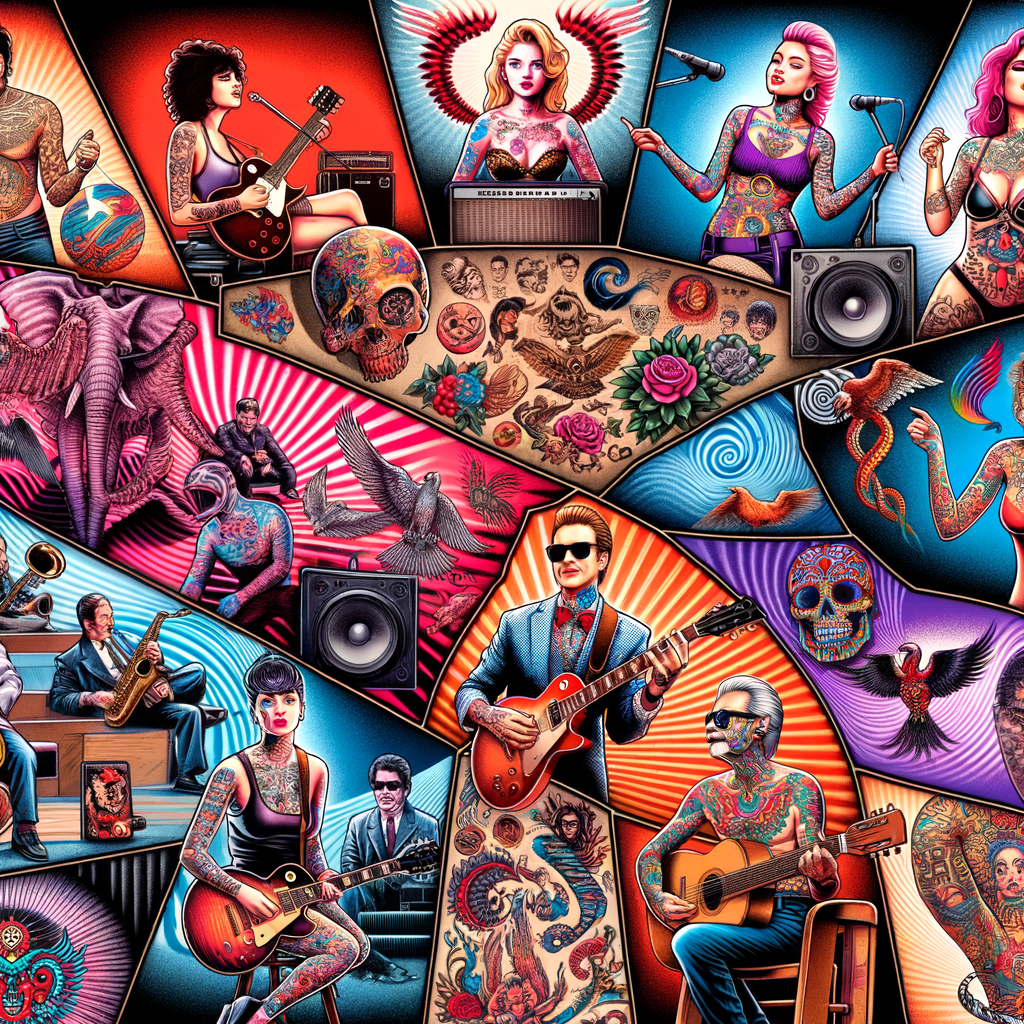 Dynamic collage illustrating the evolution and influence of tattoo culture trends on pop culture, showcasing iconic pop culture tattoo designs and the impact of tattoos in the music industry.