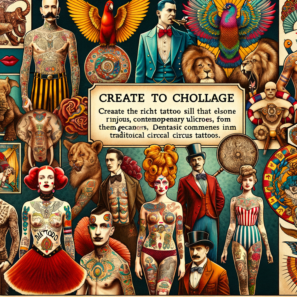 Vibrant collage illustrating the evolution of circus tattoos, highlighting the rich history and symbolism of traditional tattoo art in circuses, from vintage designs on circus performers to modern interpretations.