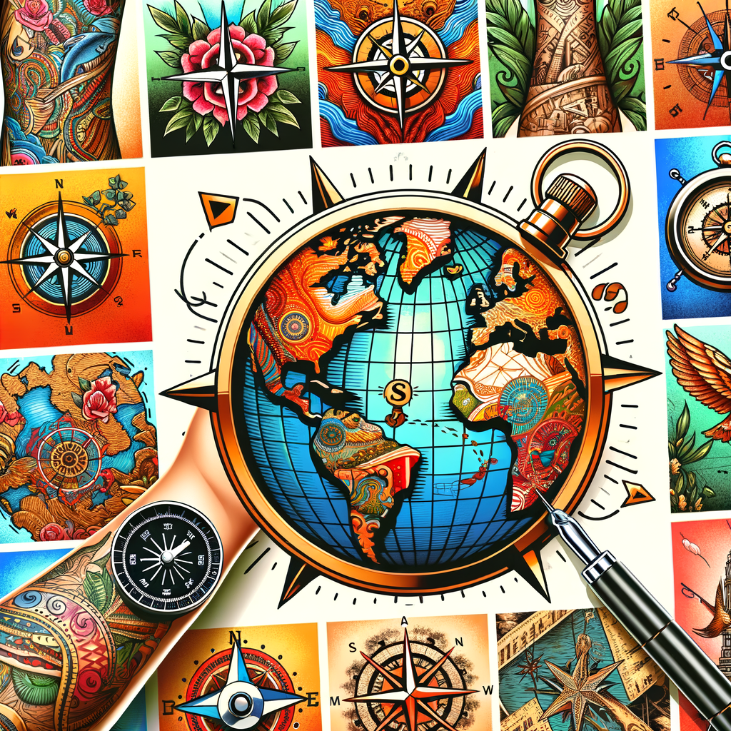 Vibrant collage of latest travel tattoo ink trends featuring popular styles like compasses, world maps, and landmarks, showcasing unique travel tattoos inspired by global cultures for travel enthusiasts.