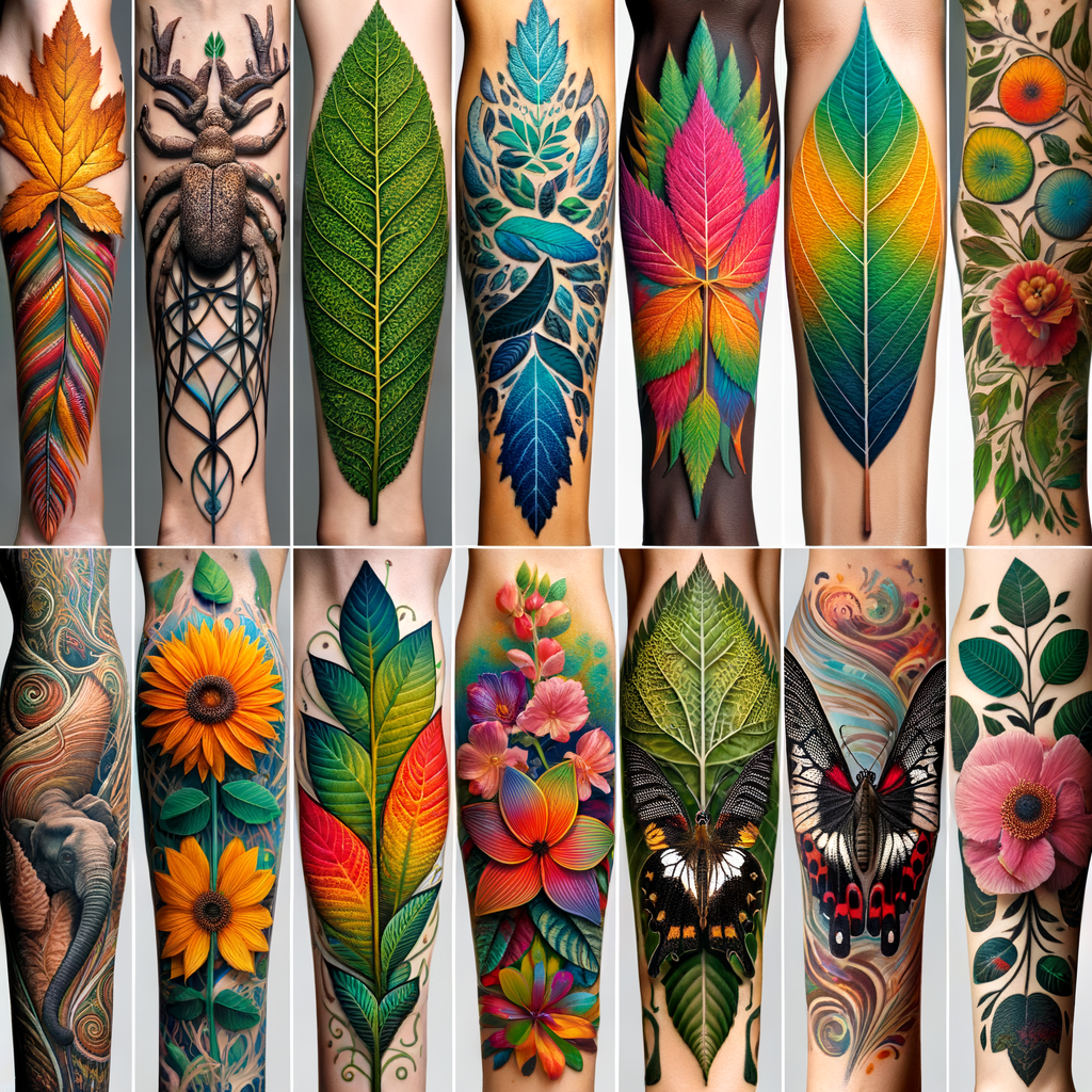 Vibrant display of nature inspired tattoos with a variety of tattoo ink colors, showcasing natural tattoo designs like leaves, flowers, and animals for nature themed tattoo inspiration, highlighting the beauty of tattoo art from nature and organic tattoo ink inspiration.